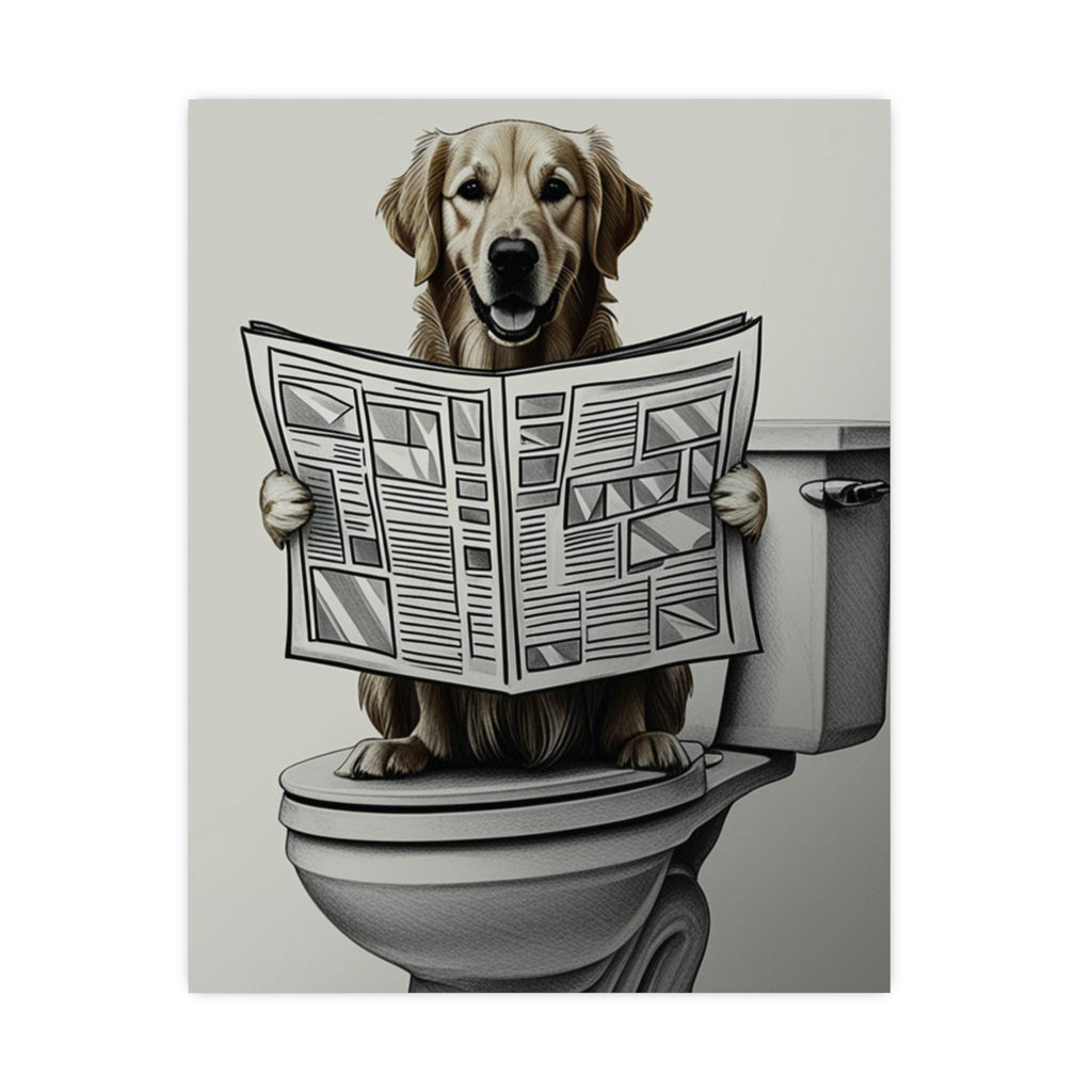 Golden Retriever Dog on Toilet Art Print, Bathroom Humor Wall Decor