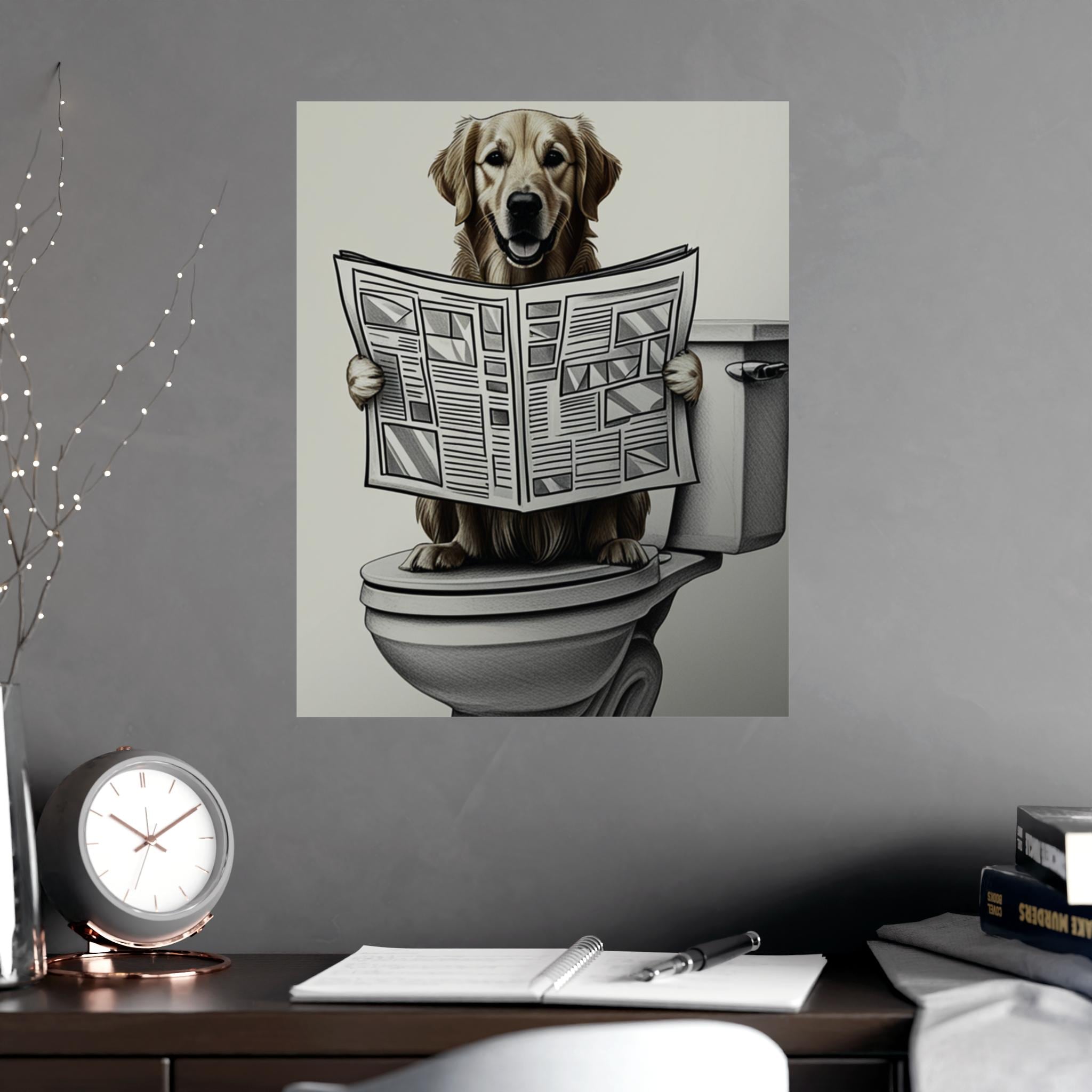 Golden Retriever Dog on Toilet Art Print, Bathroom Humor Wall Decor