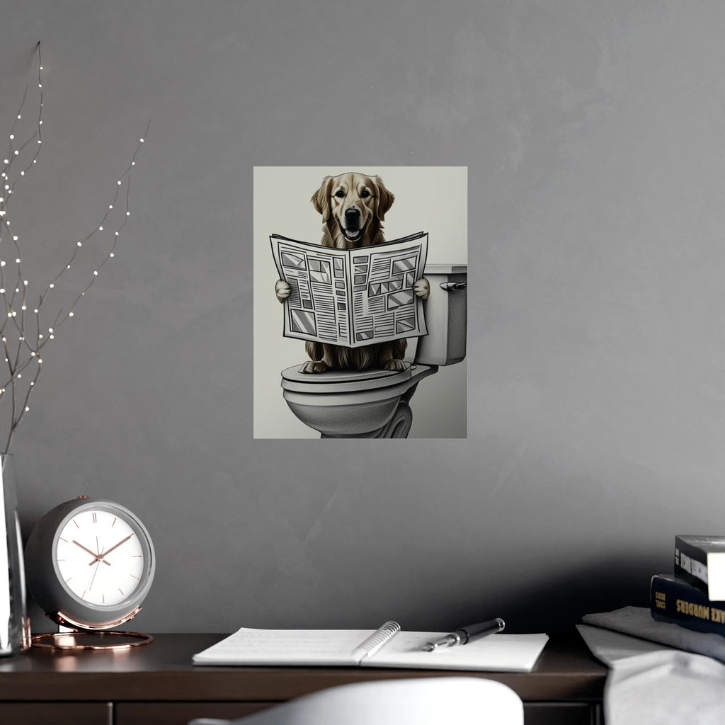 Golden Retriever Dog on Toilet Art Print, Bathroom Humor Wall Decor