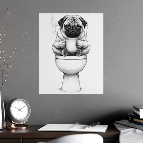 Funny Pug Bathroom Wall Art, Pug on Toilet with Coffee Print, Sleepy Dog Bathroom Decor, Pug Lover Gift, , Dog Mom Gift, Powder Room Art